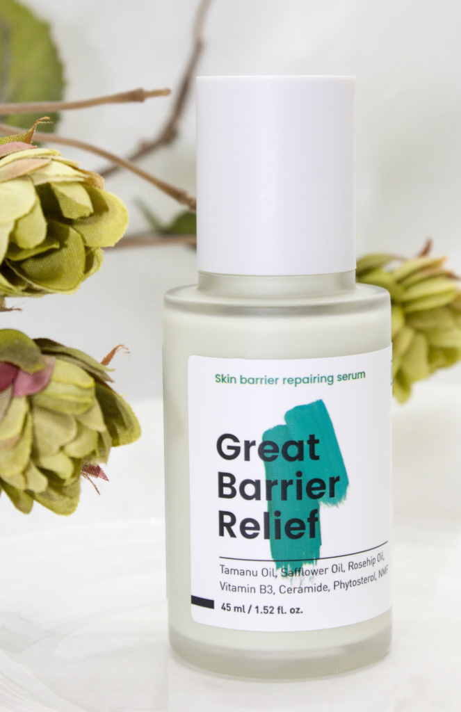 Packaging display of the product Krave Great Barrier Relief Serum. This serum is designed to soothe and strengthen the skin's protective barrier.