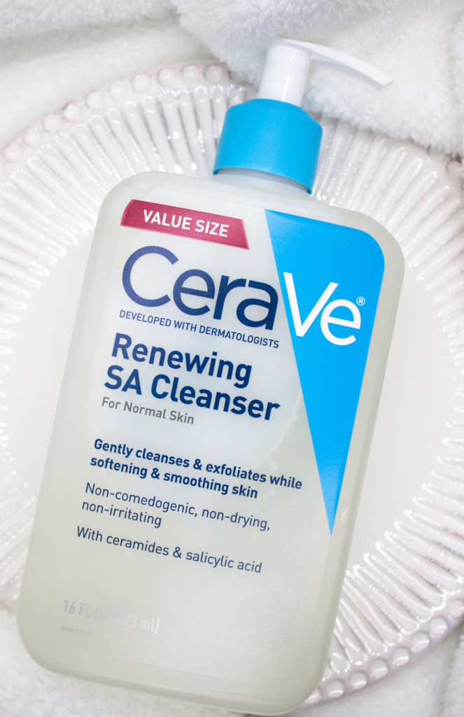 Value-sized bottle of CeraVe Salicylic Acid Cleanser elegantly presented in a white dish, for a body care routine!