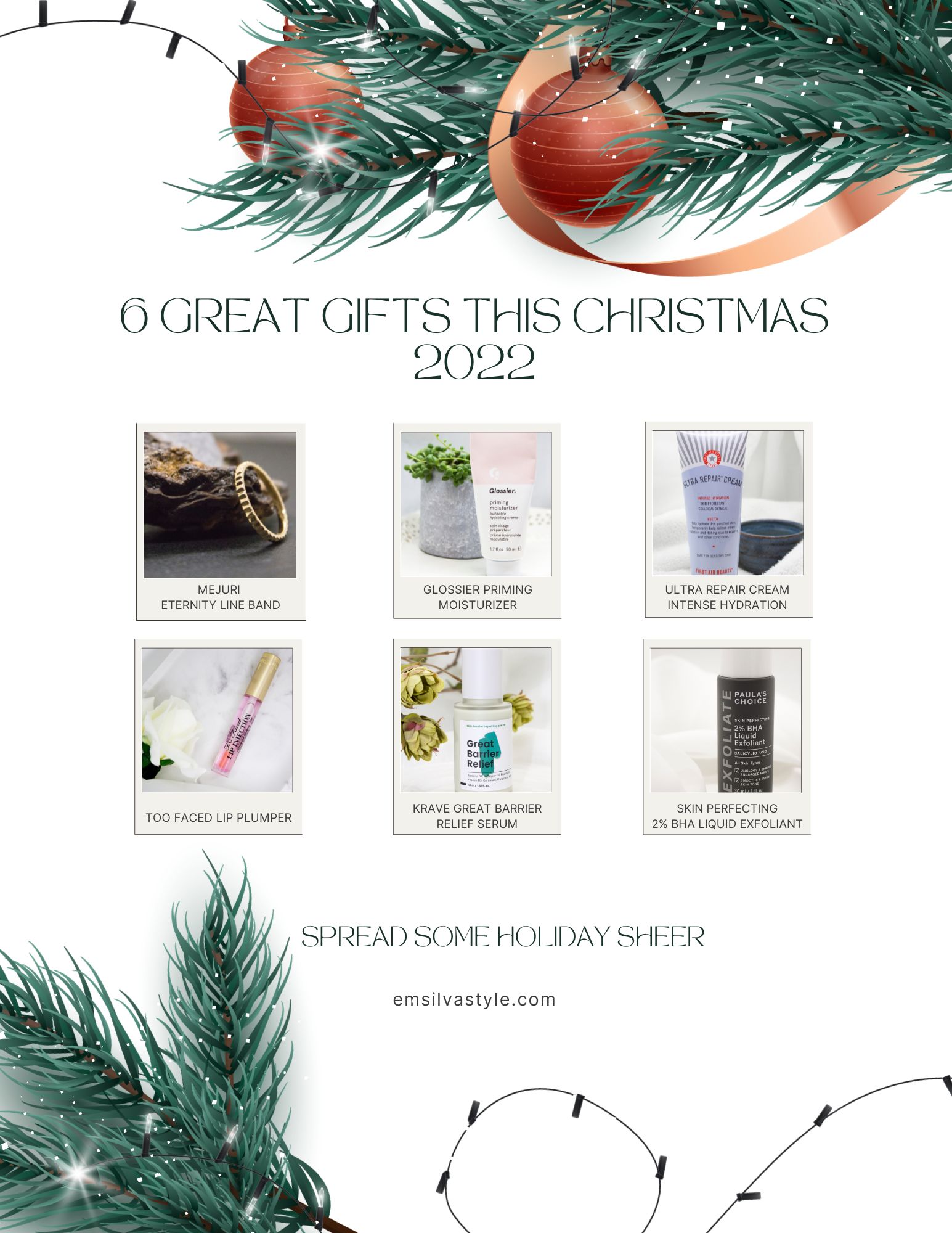 Christmas 2022 gifts beautifully arranged on a festive flyer. There are 6 great gifts display.