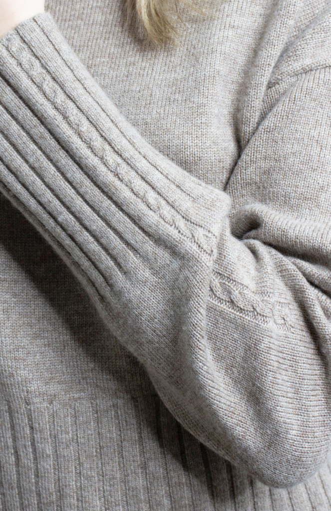 A close-up of the LILYSILK braided collar wool and cashmere blend sweater in camel color. It's a quiet luxury!