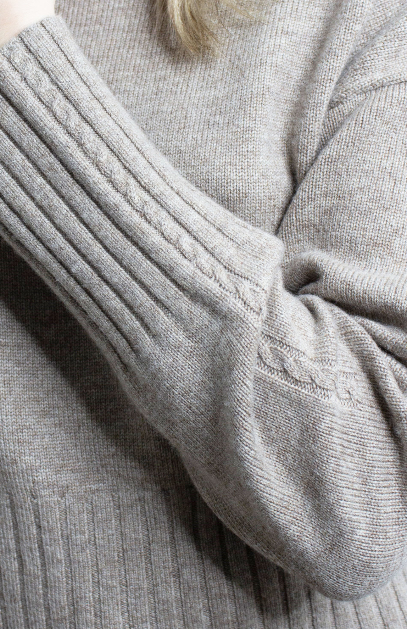 A close-up of the LILYSILK braided collar wool and cashmere blend sweater in camel color.