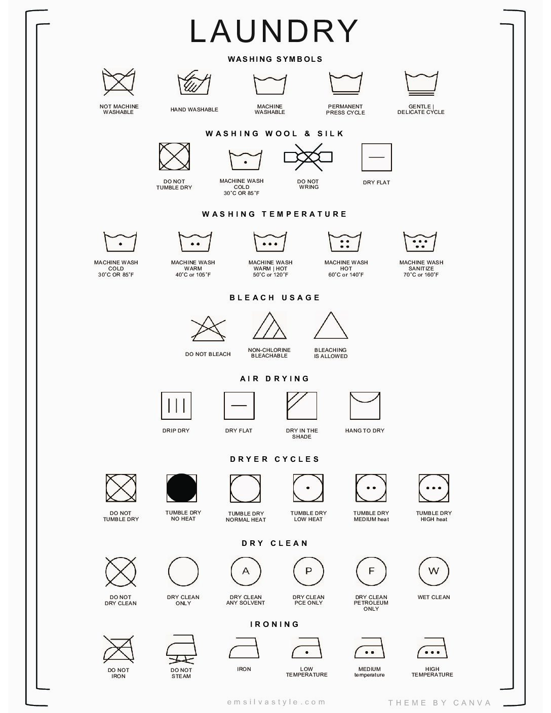 Visual guide: Laundry symbols reference sheet for easy identification and understanding of garment care instructions.