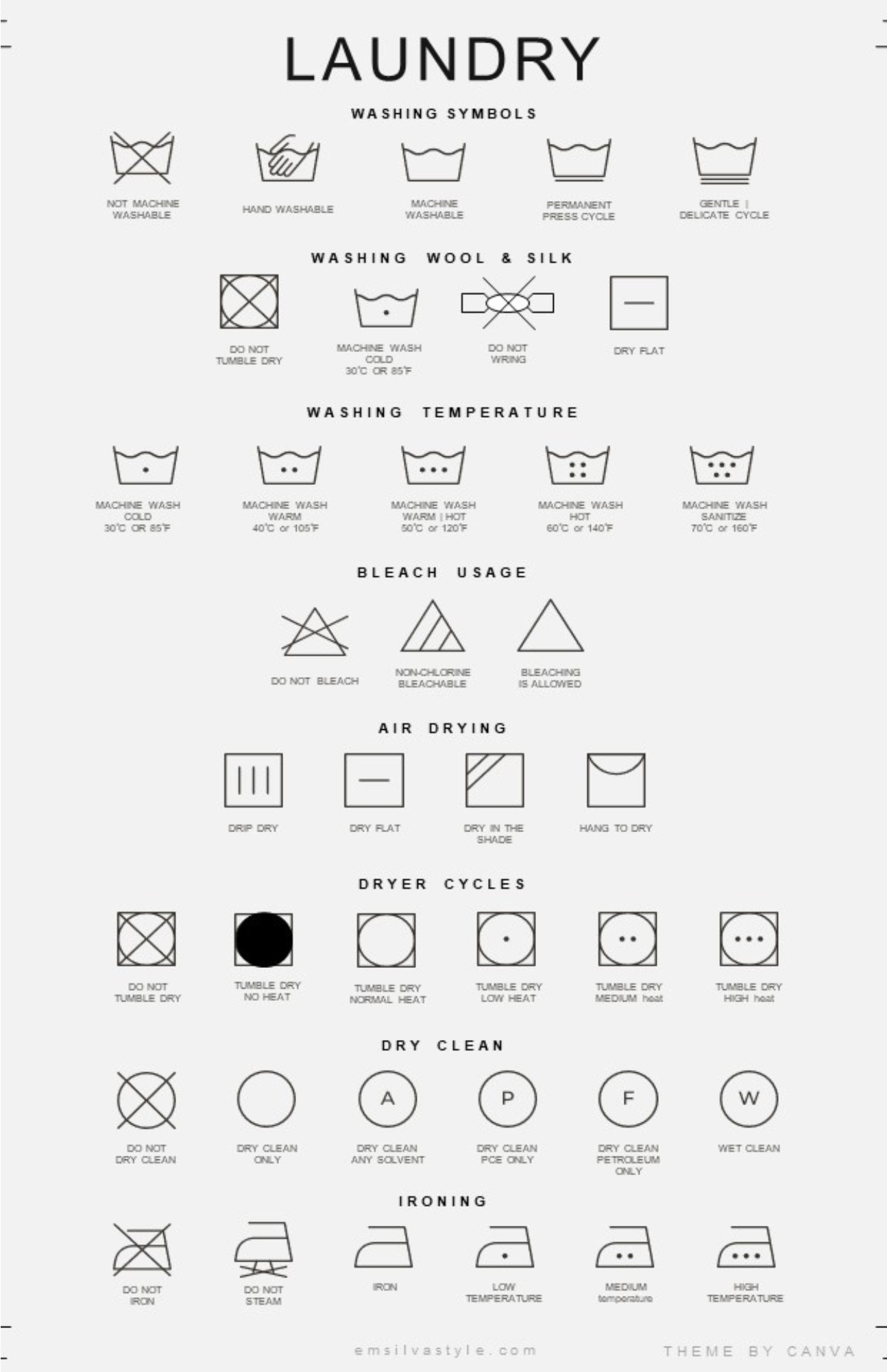 Visual guide: Laundry symbols reference sheet for easy identification and understanding of garment care instructions.