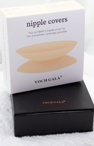 Unboxing and display of VOCH Gala nipple covers, showing packaging, product details, and various close-up views.