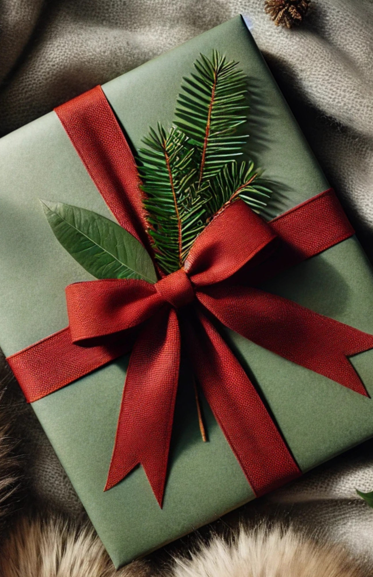 Christmas gift box wrapped in hunter green paper with a red bow, resting on a light grey faux fur throw blanket with soft brown undertones.