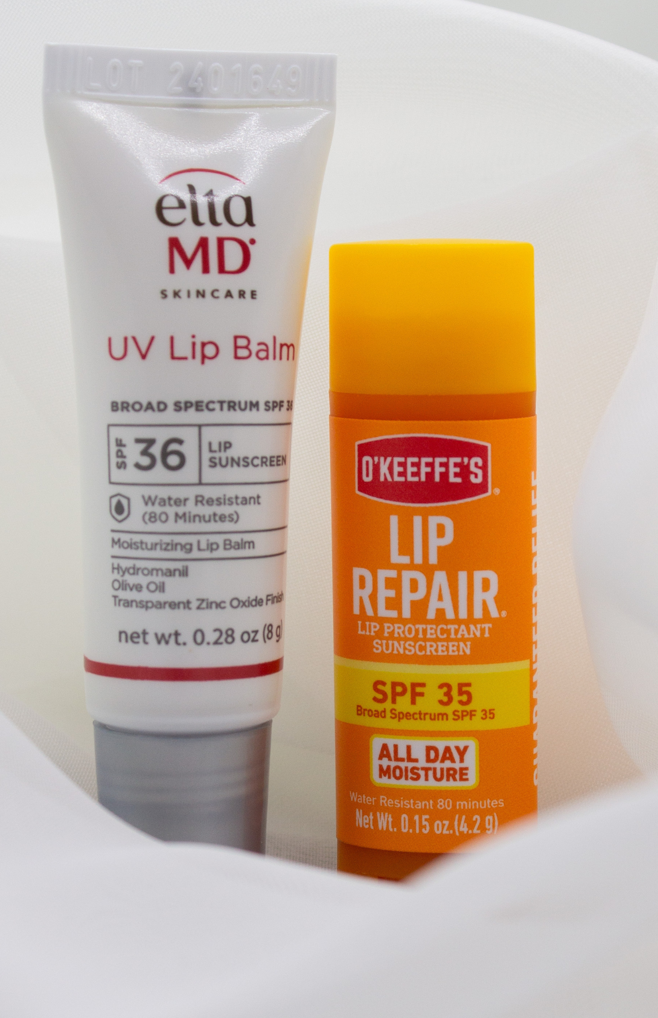 EltaMD UV Lip Balm SPF 36 and O’Keeffe’s Lip Repair SPF 35, two SPF lip balms with broad-spectrum lip sunscreen protection.