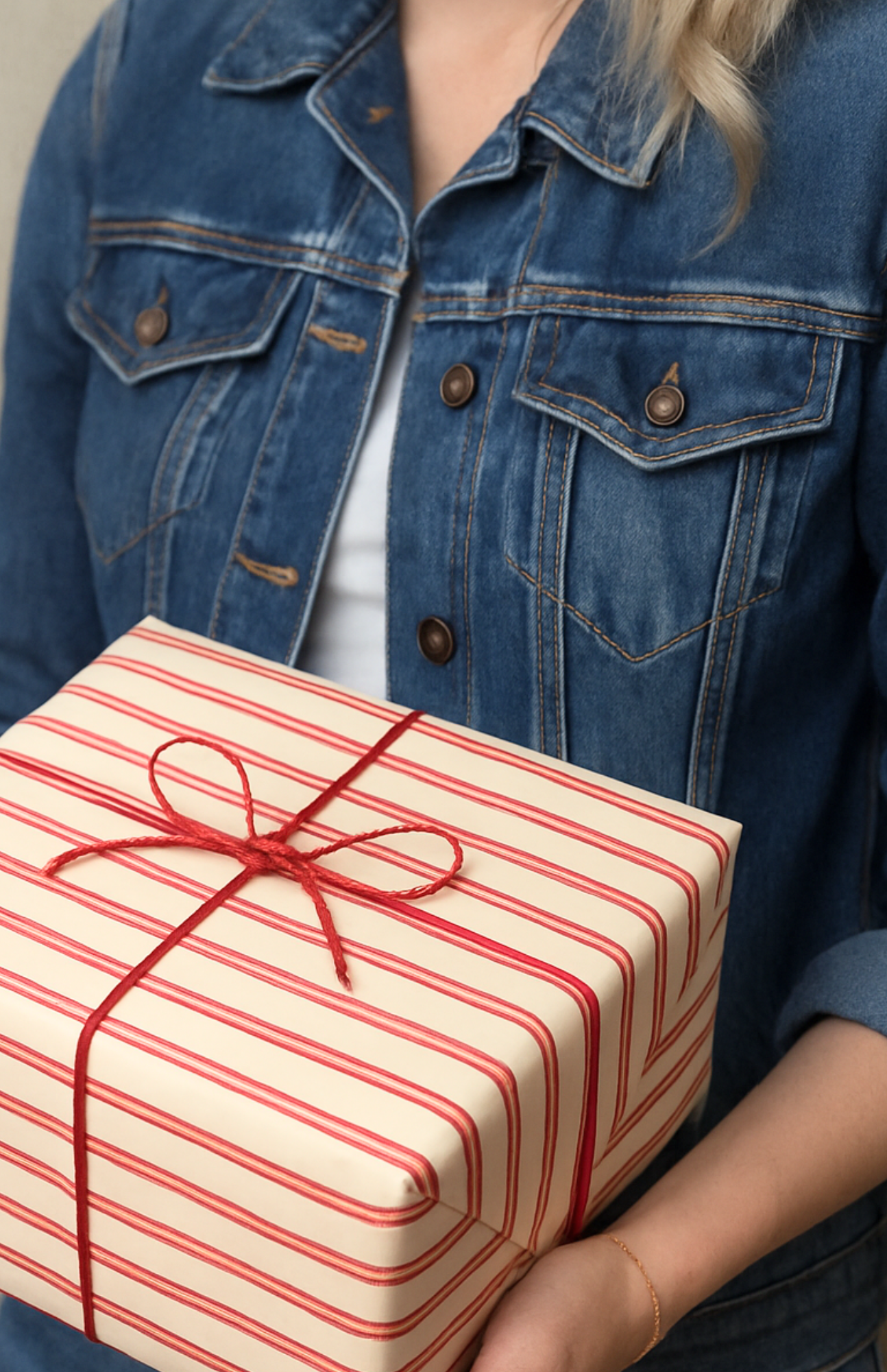 A person wearing a denim jacket holding a wrapped Christmas Gifts box decorated with red striped paper and a red string bow.