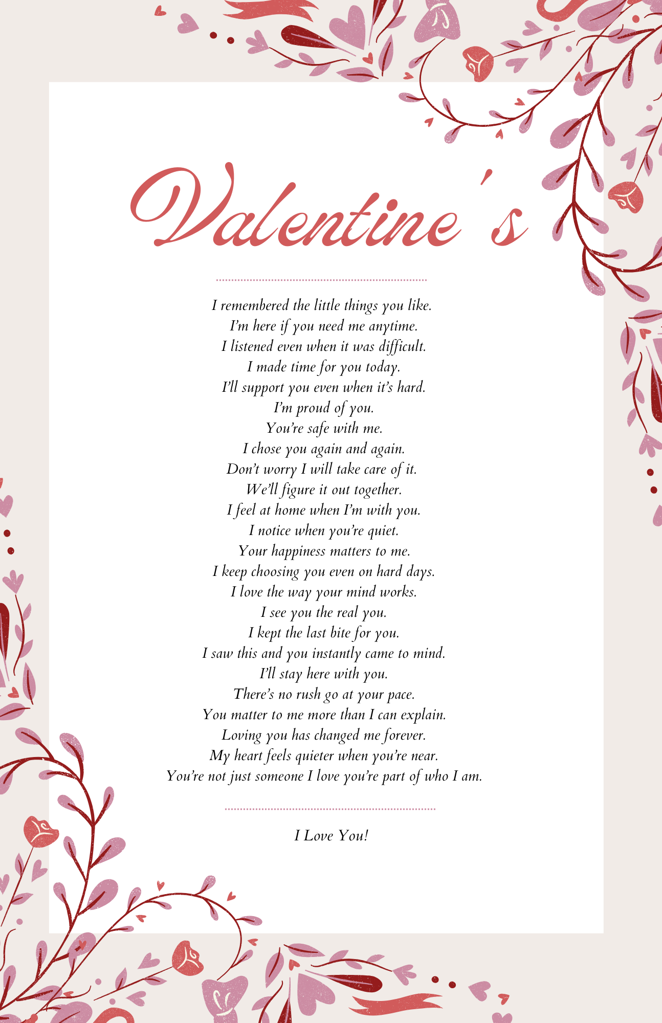 Ways to Show You Care! Valentine’s themed poster with pink floral borders and a heartfelt list of meaningful ways to say “I Love You.”