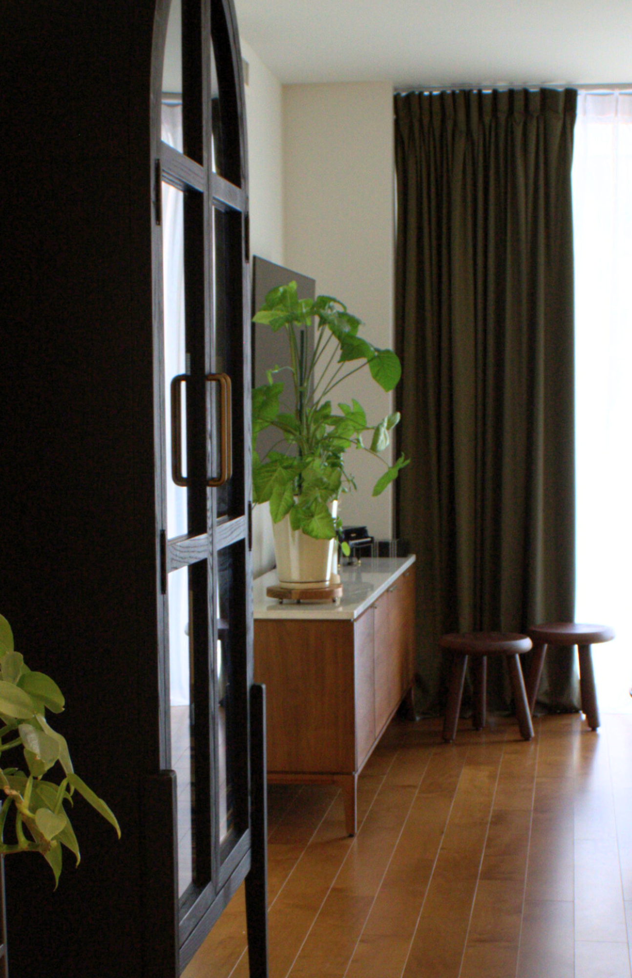 Sunlit living room corner with wood floors, green plant, and tidy surfaces creating a calm clean home.