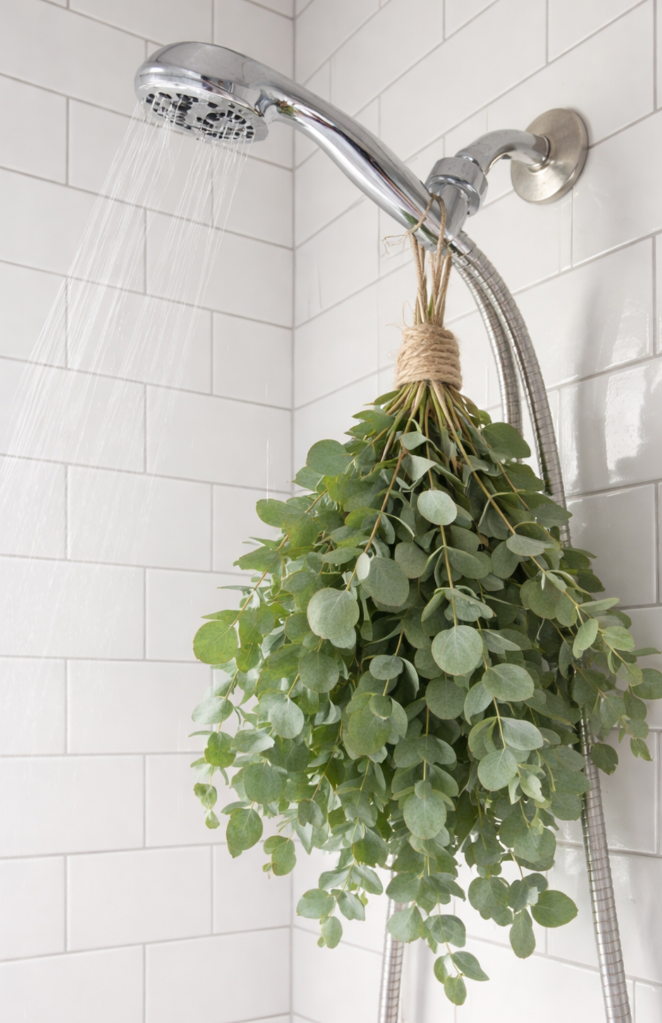 Fresh eucalyptus bundle hanging from a showerhead, creating a spa-like self-care shower experience.